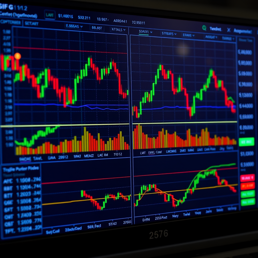Panel de trading automatizado mostrando gráficos de criptomonedas, indicadores técnicos y órdenes ejecutándose en tiempo real