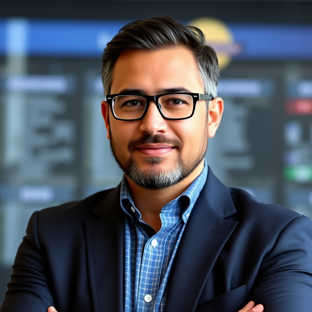 Dr. Alejandro Morales, investigador blockchain con PhD en Ciencias de la Computación especializado en protocolos DeFi, con barba y anteojos, vestido profesionalmente